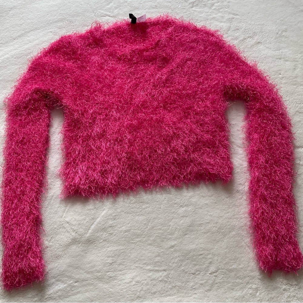 Y2k eyelash knit sweater slightly cropped small hot pink
